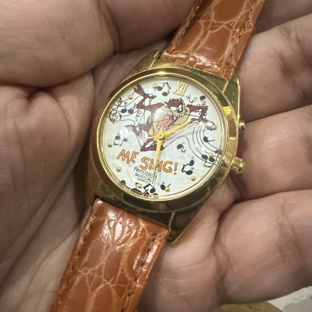 VTG 1994 Taz Mens Armitron Musical Watch Looney Tunes Leather 33mm 802/104